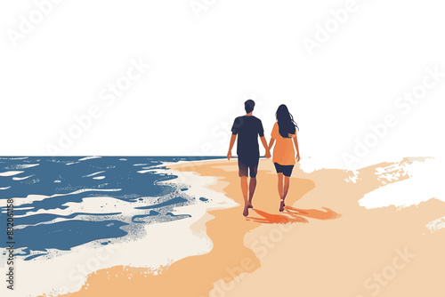 A couple walking hand in hand along the beach, with gentle ocean waves lapping at the shore. Flat vector illustration.