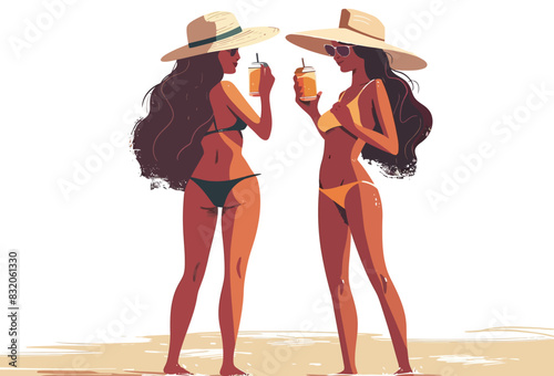 Two women in sun hats enjoying drinks at the beach, relaxing and soaking up the sun. Flat vector illustration