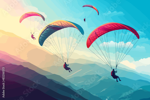 Paragliders gliding through dramatic clouds, capturing the thrill of flight and the beauty of the sky. Flat vector illustration