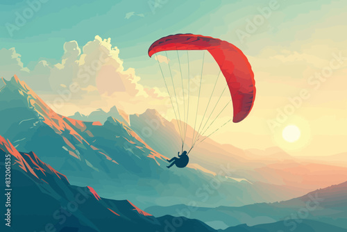 Paraglider gliding over mountains at sunset, with warm colors and dramatic clouds in the background. Flat vector illustration