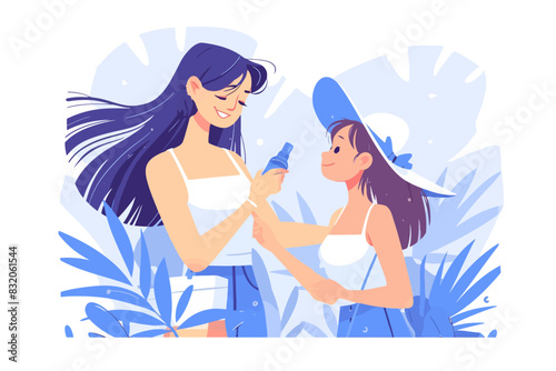 Mother applying sunscreen to her daughter, flat vector illustration