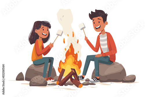Kids roasting marshmallows by a campfire, flat vector illustration