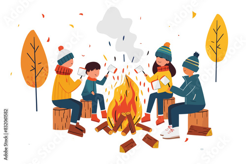 Kids roasting marshmallows by an autumn campfire, flat vector illustration