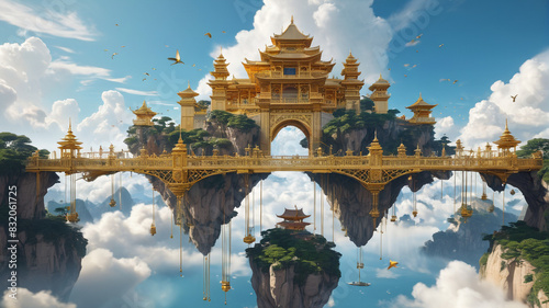 Within the Sky Palace, floating islands are connected by golden bridges, where winged inhabitants soar through the clouds, Generative AI