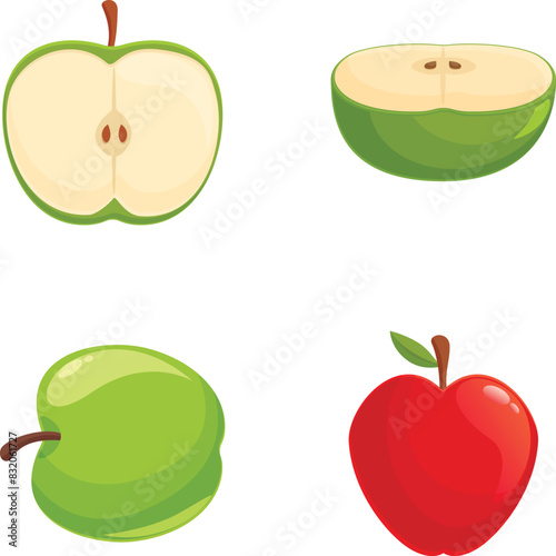 Vibrant and colorful apple illustrations set with whole, halved, sliced, and crosssectioned red and green apples, perfect for healthy food, nutrition, and vitamin concepts photo