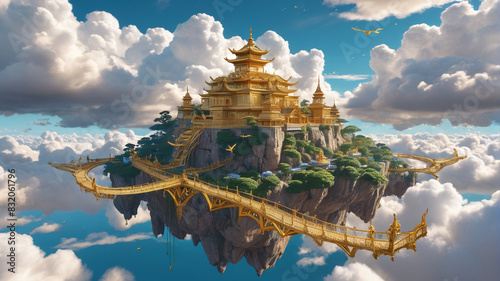 Within the Sky Palace, floating islands are connected by golden bridges, where winged inhabitants soar through the clouds, Generative AI photo