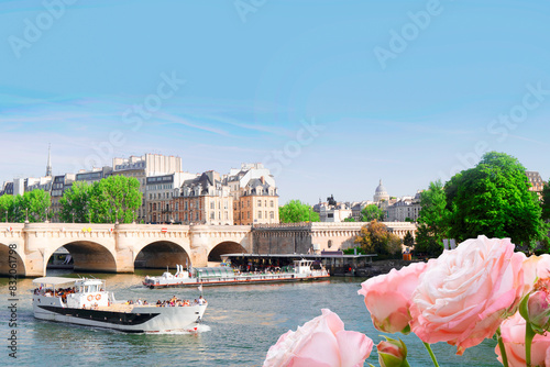 old Paris city over bridge Pont Neuf and Seine river, Paris, France photo