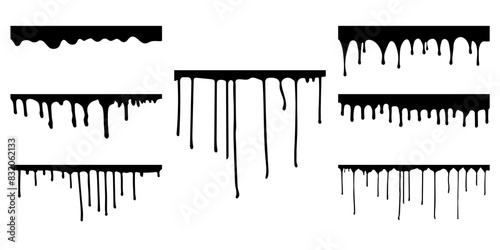 Drips of black ink paint, set. Vector illustration