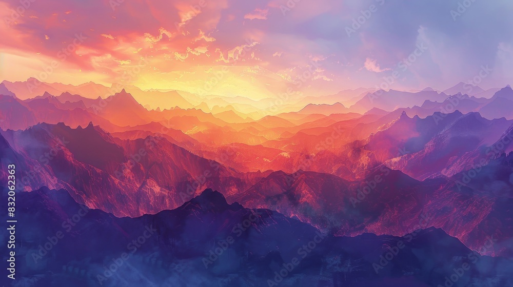 Obraz premium A panoramic view of a jagged mountain range at sunset, painted in fiery orange and purple hues