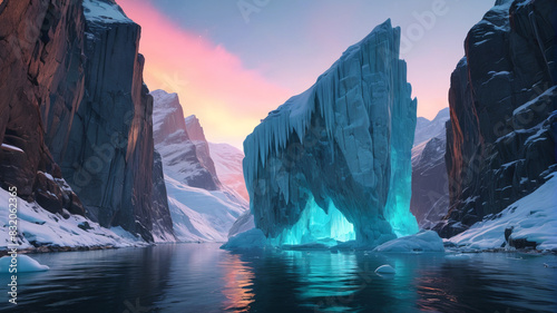 Amidst the Frozen Fjord, icy cliffs rise above the frigid waters, where mythical sea creatures glide beneath the shimmering auroras, Generative AI photo
