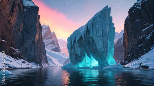 Amidst the Frozen Fjord, icy cliffs rise above the frigid waters, where mythical sea creatures glide beneath the shimmering auroras, Generative AI