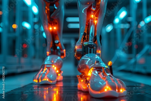 The lower body of a robot with glowing orange artificial muscles and joints. photo