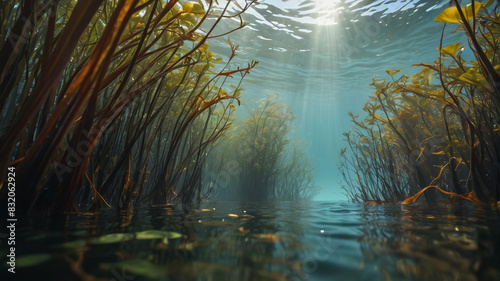 Amidst the Enchanted Kelp Forest  towering kelp fronds reach for the surface  their leaves swaying rhythmically with the tides  providing a magical haven for marine life  Generative AI