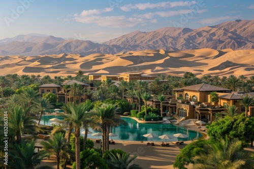 A vibrant desert oasis nestled among towering sand dunes, panoramic landscape