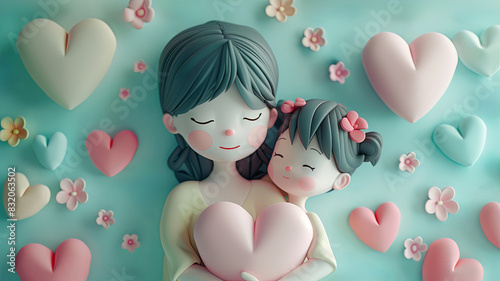 A loving mother holds her daughter close. The background is decorated with hearts and flowers.