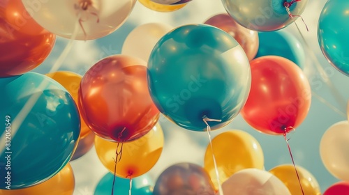 A bunch of balloons in various colors floating in the air with a blurred Happy Birthday background