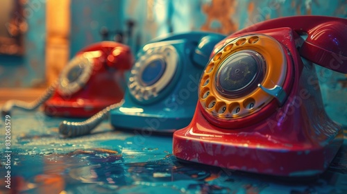 Illustration of retro phone on colorful background, collage art style.