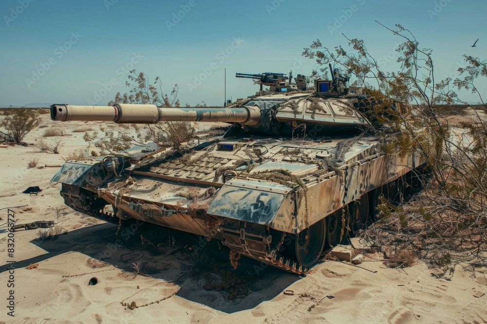A weathered Military tank M1 Abrams partially hidden beneath fallen leaves and branches in an autumnal forest A weathered Military tank M1 Abrams partially hidden beneath fallen leaves and branches in an autumnal forest