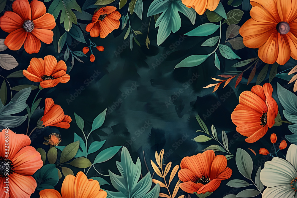 Blooming red poppies and green leaves on dark blue background. Blooming red poppies and green leaves on dark blue background.