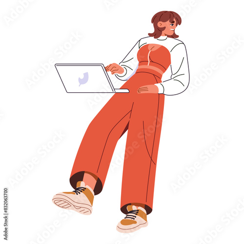 Stylish girl communicates online, chats using tablet pc. Young woman with laptop looks side. Happy person with computer works, programming. Flat isolated vector illustration on white background