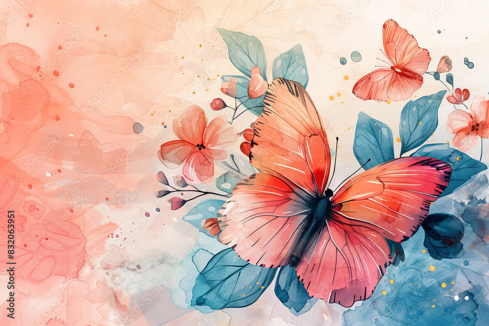 Delicate watercolor painting of a butterfly with peach and blue flowers.