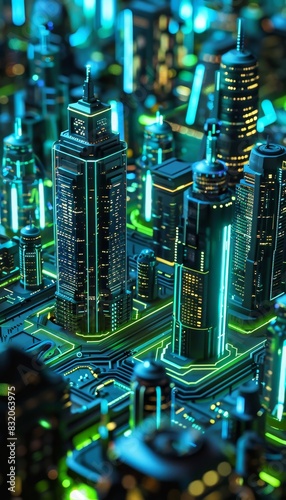 Futuristic cityscape with luminous buildings on circuit board, neon blue and green accents © decorator