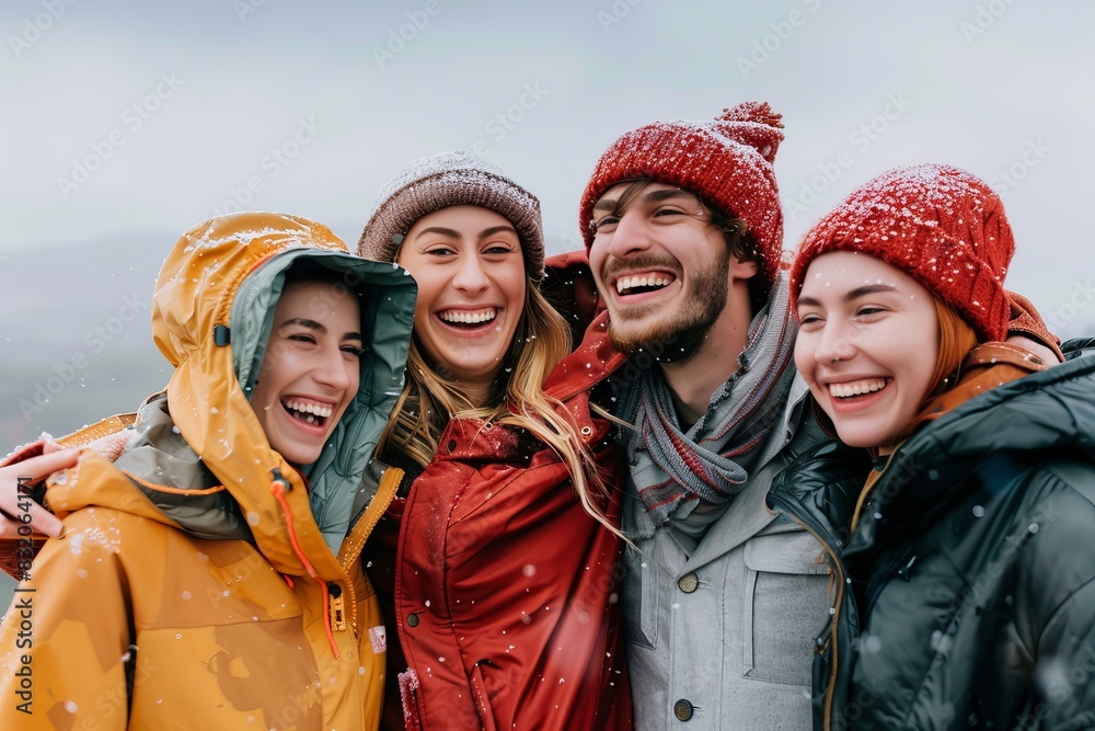 happy friends in raincoats and scarfs looking at camera during snowfall happy friends in raincoats and scarfs looking at camera during snowfall