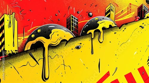 pop art-inspired background in bold yellow  featuring dynamic red and black lines  reminiscent of fire waves. Black dots and white stripes add a touch of graffiti