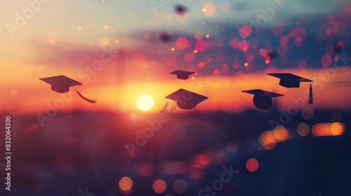 High school students' graduation caps in the air at sunset, with a blurred background photo