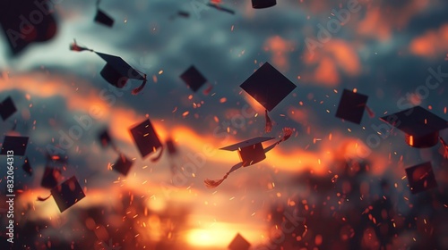 High school students' graduation caps in the air at sunset, with a blurred background