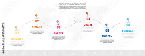 Business infographic timeline with 6 paths and circles. Modern timeline with six steps, options, and processes. Presentation infographics template