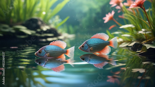 Within the Tranquil Pond, gouramis with shimmering scales glide through the still waters, their gentle presence adding to the pond's serene ambiance, Generative AI photo