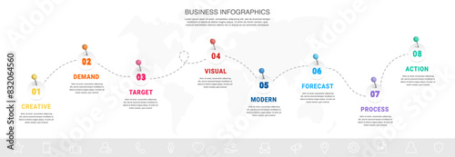 Business infographic timeline with eight paths and circles. Modern timeline with 8 steps, options, and processes. Presentation infographics template