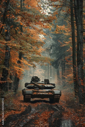 An Military tank M1 Abrams cautiously navigating a narrow forest path, its powerful form barely fitting between the tightly-packed trees