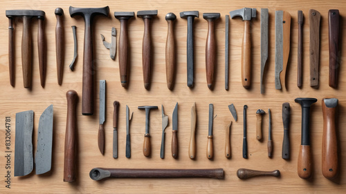A collection of vintage woodworking tools, including chisels and hand planes, meticulously arranged on a wooden table, Generative AI photo