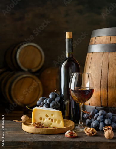 Wine bottle  wine barrel  nuts  grapes and cheese on a wooden table. Still life  copy space. 