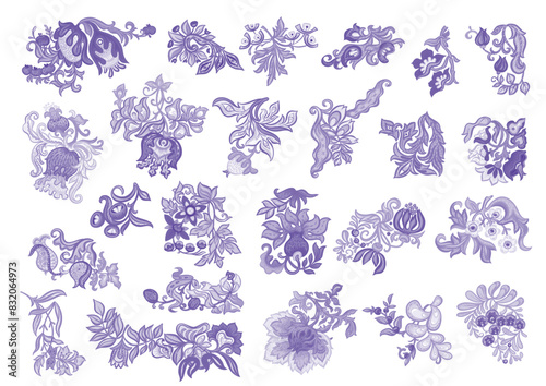 Fantasy, alien flowers, decorative flowers and leaves. Cartoon style. Millefleurs trendy floral design. Clip art, set of elements for design Vector illustration.