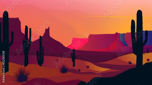 Desert mountain sunsets website banner flat design front view evening glow theme animation vivid
