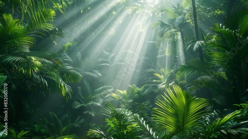 Dense tropical jungle with towering trees  lush green foliage  and beams of sunlight piercing through the canopy Isolated on white background  copy space available