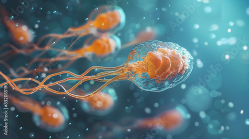 Close-up imagery of human sperm cells swimming, showcasing their tails and heads, under a microscope, highlighting the detailed structure and movement involved in fertilization. photo