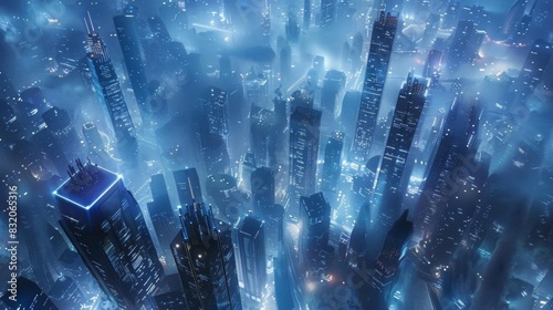 Earths cities under blue glow theme top view emphasizing urban serenity cybernetic tone Monochromatic Color Scheme photo