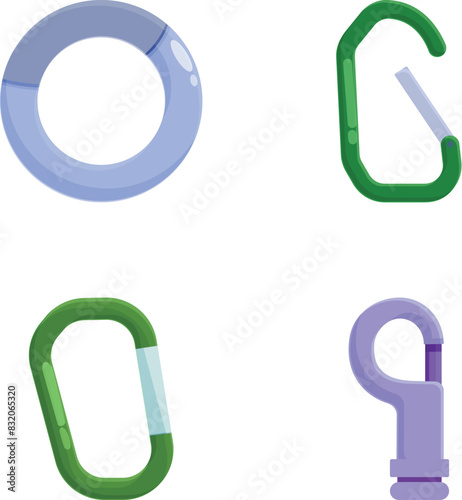 Collection of four colorful carabiner clip illustrations isolated on white, used for securing climbers