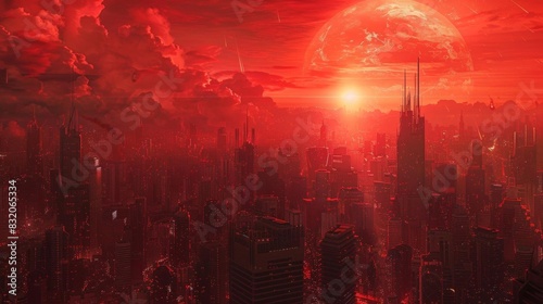 Earths cities under red skies theme top view emphasizing urban adaptation cybernetic tone Monochromatic Color Scheme photo