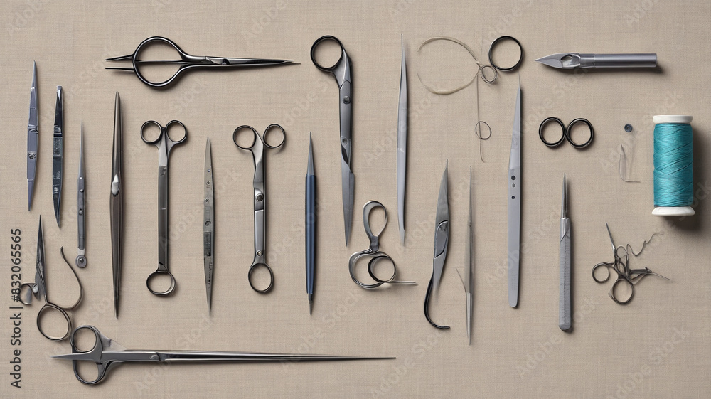 Various sewing tools, such as needles, threads, and scissors, arranged in an orderly fashion on a neutral fabric surface, Generative AI