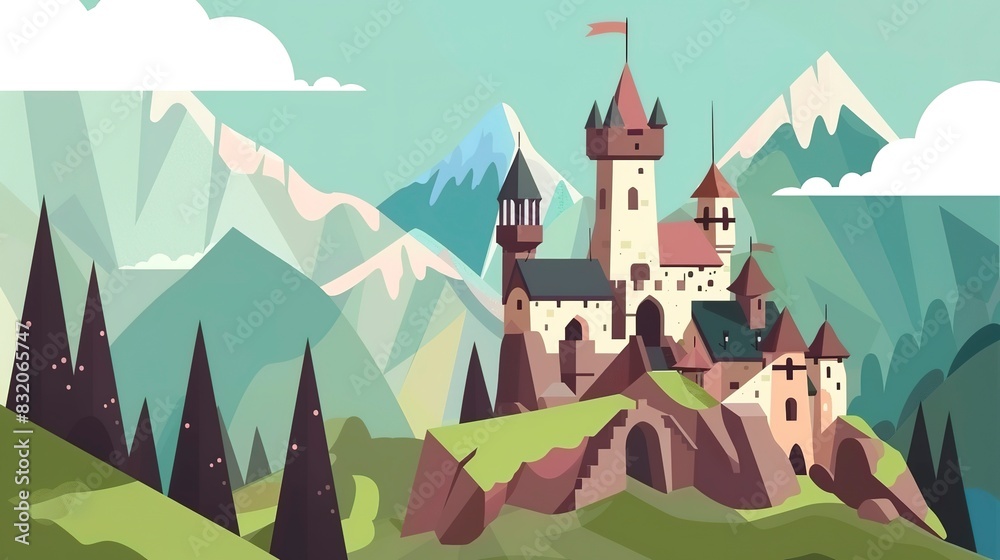 Mountain castles flat design front view medieval heritage theme animation Complementary Color Scheme