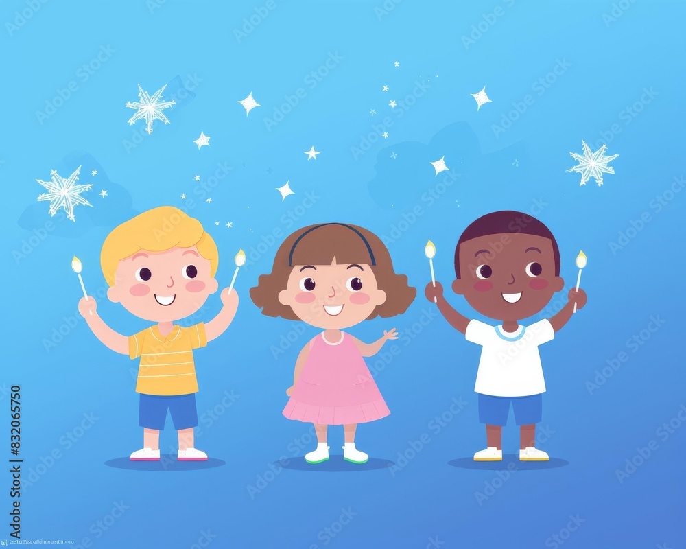 2D illustration of children holding sparklers at a Fourth of July party, festive atmosphere, night sky 2D illustration of children holding sparklers at a Fourth of July party, festive atmosphere, night sky