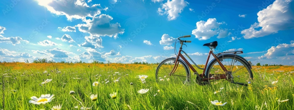 Naklejka premium Beautiful spring and summer natural landscape, riding a bicycle on a flowering meadow on a sunny day against the blue sky and white clouds, travel, green outing, low carbon, World Environment Protecti