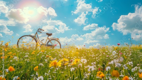 Beautiful spring and summer natural landscape, riding a bicycle on a flowering meadow on a sunny day against the blue sky and white clouds, travel, green outing, low carbon, World Environment Protecti © Da