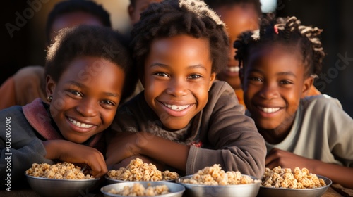Group of joyful African children sharing bowls of popcorn and laughing together with real happiness