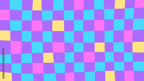 Colorful Chessboard Checkerboard background. Modern distorted checkered texture. Trendy y2k aesthetic. Vaporwave groovy design. 1920x1080 ratio. Vector illustration